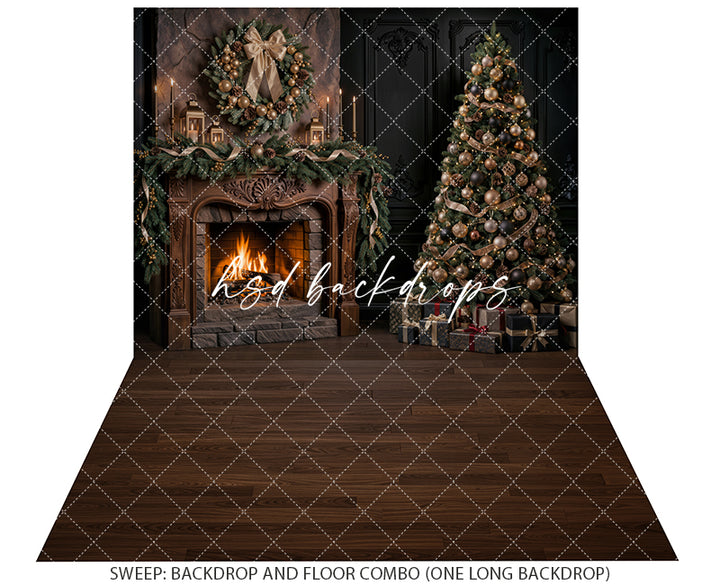 Gilded Evergreen Christmas Fireplace Photography Backdrop – Elegant Holiday Room Scene | HSD Backdrops