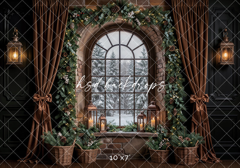 Evergreen Stone Window Christmas Photography Backdrop – Cozy Holiday Room Scene | HSD Backdrops