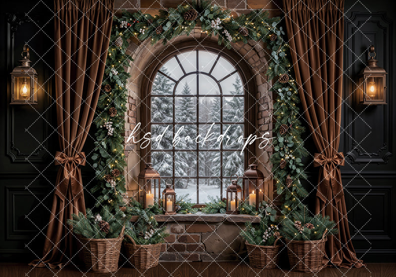Evergreen Stone Window Christmas Photography Backdrop – Cozy Holiday Room Scene | HSD Backdrops