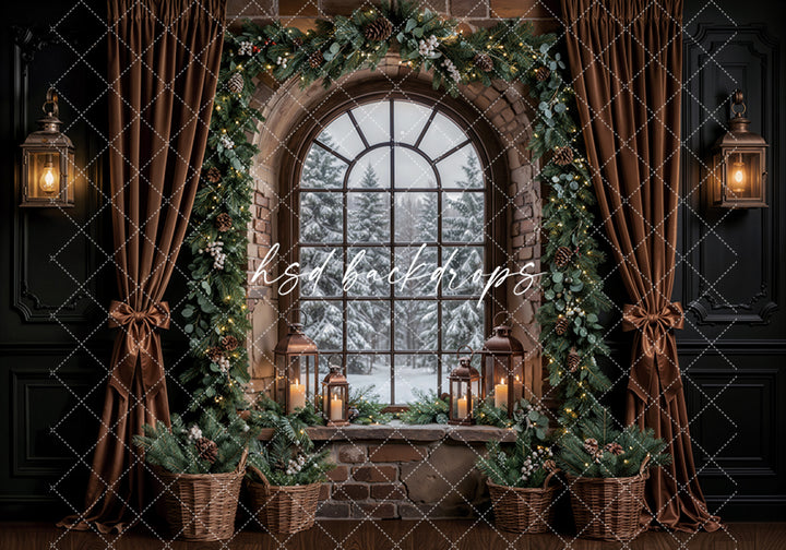 Evergreen Stone Window Christmas Photography Backdrop – Cozy Holiday Room Scene | HSD Backdrops