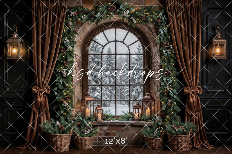 Evergreen Stone Window Christmas Photography Backdrop – Cozy Holiday Room Scene | HSD Backdrops