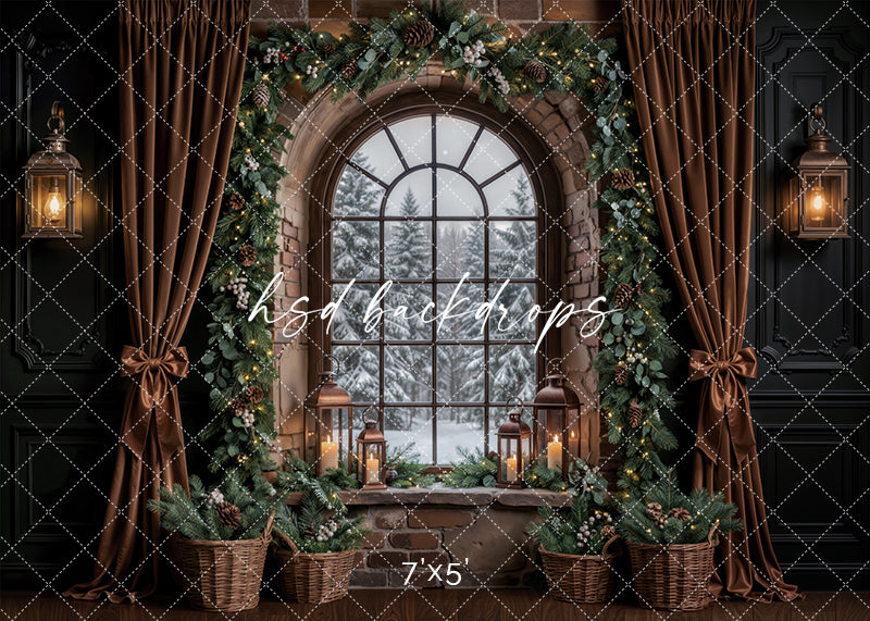 Evergreen Stone Window Christmas photography backdrop with stone arched window, snowy winter view, evergreen garland, glowing lanterns, brown drapes, pine baskets, and cozy holiday room styling.