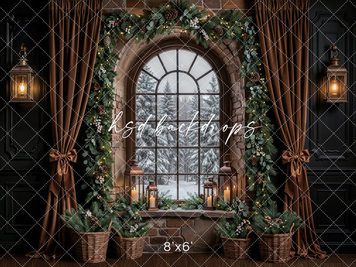 Evergreen Stone Window Christmas Photography Backdrop – Cozy Holiday Room Scene | HSD Backdrops