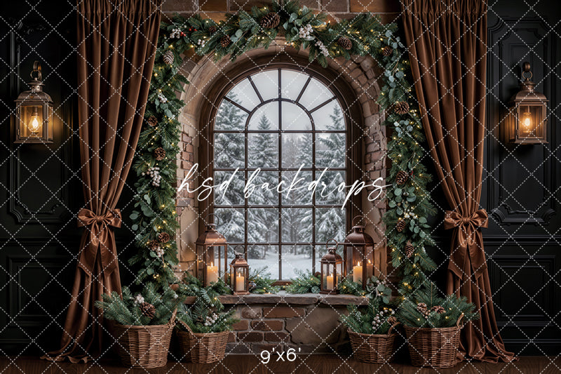 Evergreen Stone Window Christmas Photography Backdrop – Cozy Holiday Room Scene | HSD Backdrops