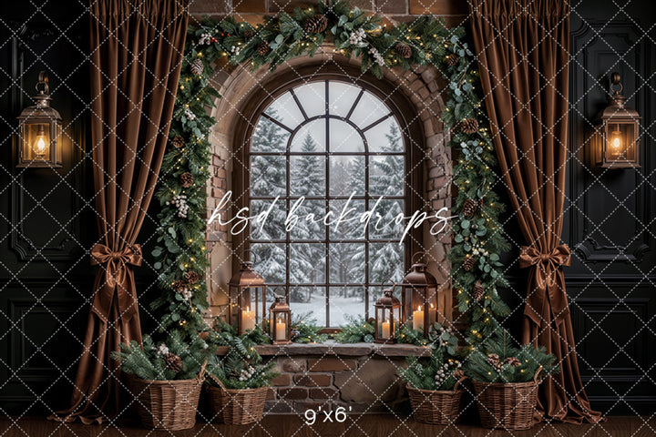 Evergreen Stone Window Christmas Photography Backdrop – Cozy Holiday Room Scene | HSD Backdrops
