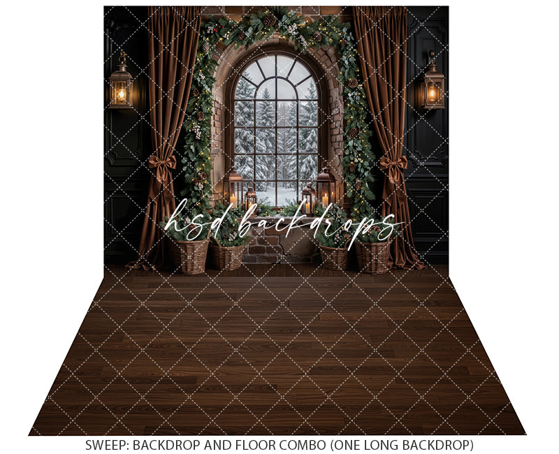 Evergreen Stone Window Christmas Photography Backdrop – Cozy Holiday Room Scene | HSD Backdrops