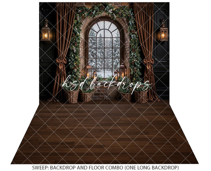 Evergreen Stone Window Christmas Photography Backdrop – Cozy Holiday Room Scene | HSD Backdrops