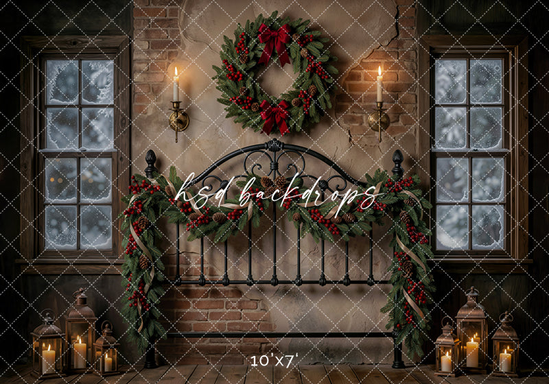 Evergreen Bedframe Christmas Photography Backdrop – Classic Holiday Room Scene | HSD Backdrops