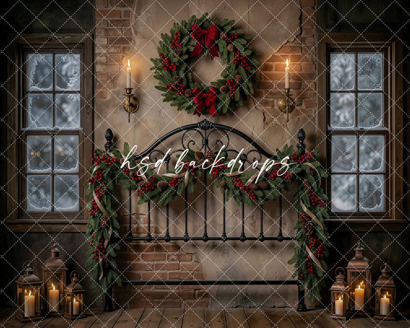 Evergreen Bedframe Christmas Photography Backdrop – Classic Holiday Room Scene | HSD Backdrops
