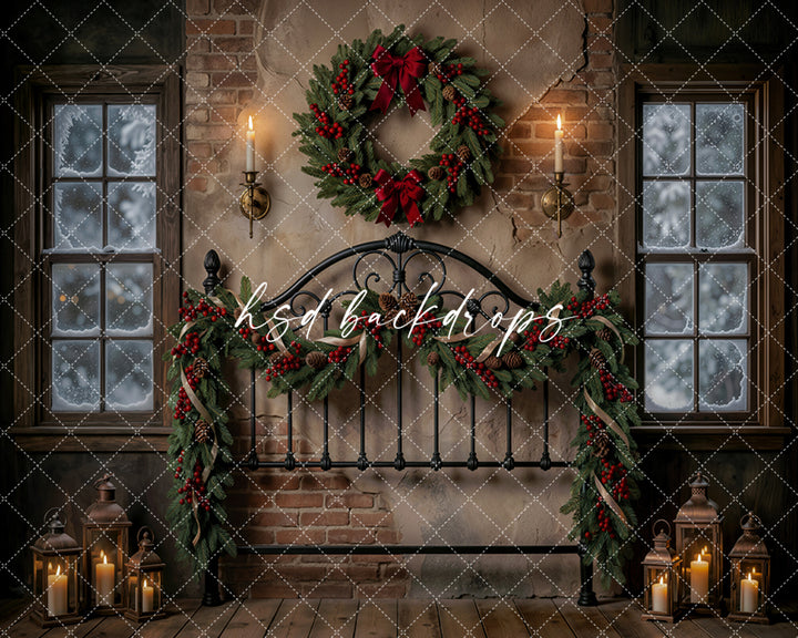 Evergreen Bedframe Christmas Photography Backdrop – Classic Holiday Room Scene | HSD Backdrops