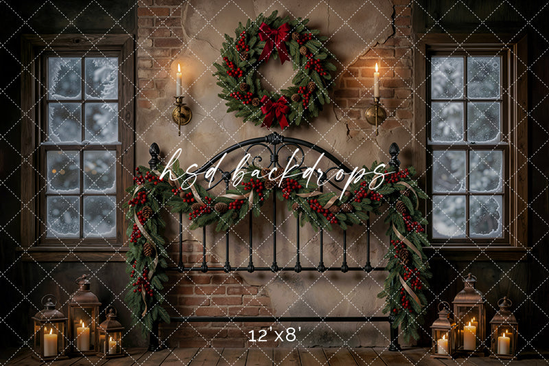 Evergreen Bedframe Christmas Photography Backdrop – Classic Holiday Room Scene | HSD Backdrops