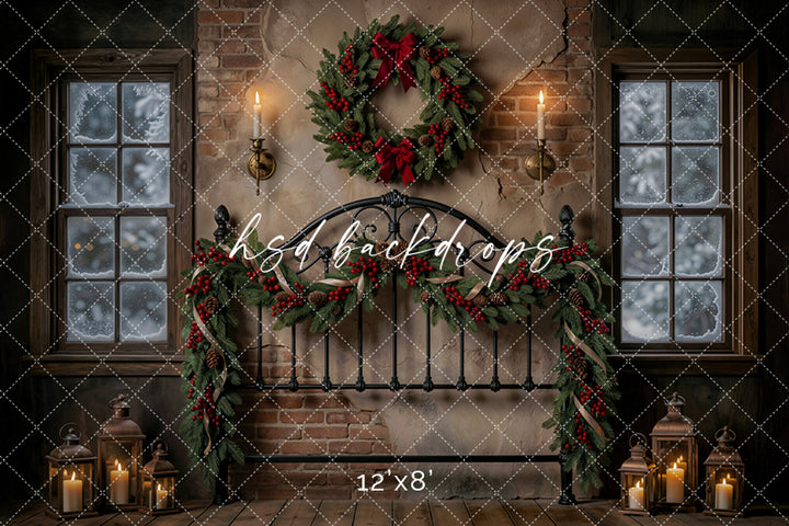 Evergreen Bedframe Christmas Photography Backdrop – Classic Holiday Room Scene | HSD Backdrops