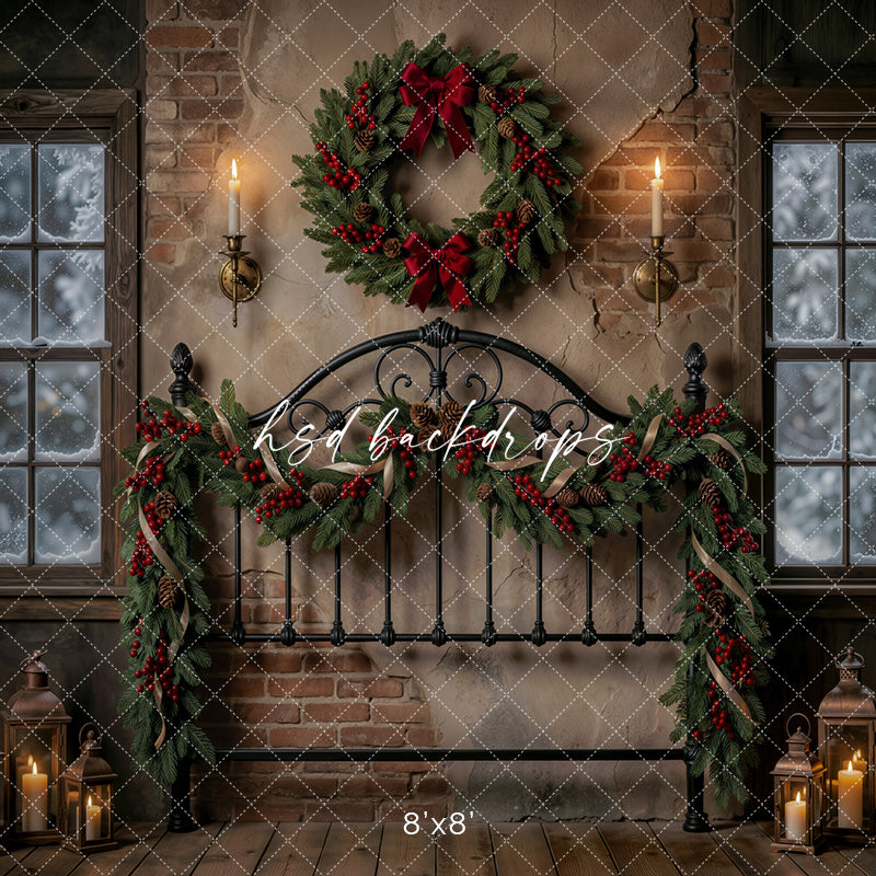 Evergreen Bedframe Christmas Photography Backdrop – Classic Holiday Room Scene | HSD Backdrops