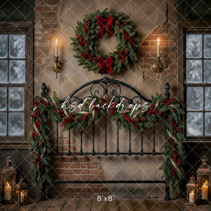 Evergreen Bedframe Christmas Photography Backdrop – Classic Holiday Room Scene | HSD Backdrops