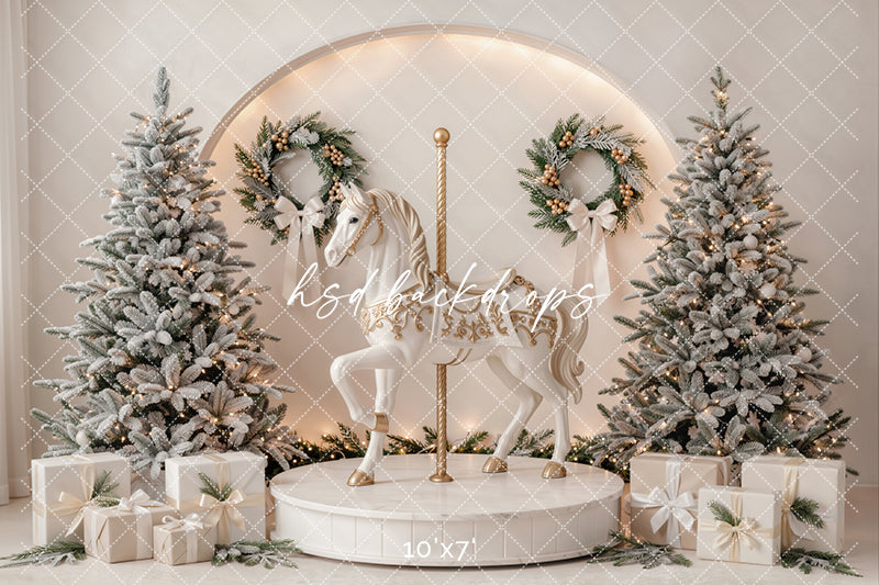 Ivory Carousel Christmas Photography Backdrop – Elegant Winter Holiday Scene | HSD Backdrops