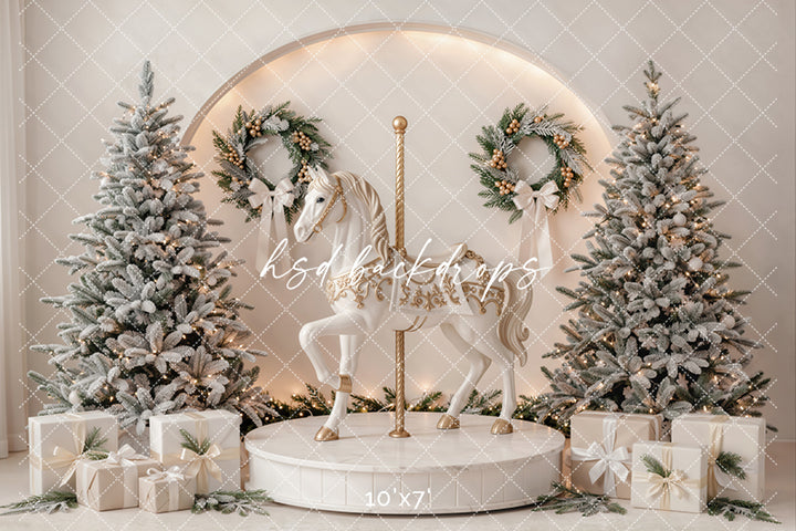 Ivory Carousel Christmas Photography Backdrop – Elegant Winter Holiday Scene | HSD Backdrops