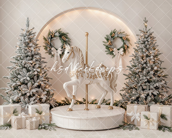 Ivory Carousel Christmas Photography Backdrop – Elegant Winter Holiday Scene | HSD Backdrops