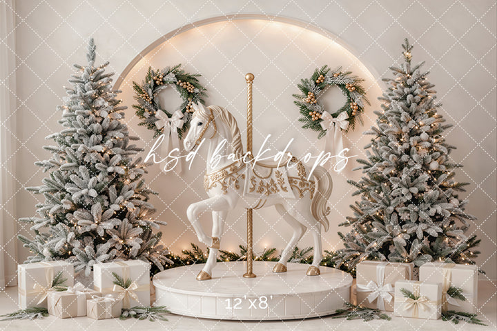 Ivory Carousel Christmas Photography Backdrop – Elegant Winter Holiday Scene | HSD Backdrops