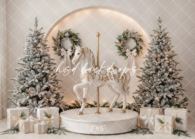 Ivory Carousel Christmas photography backdrop with soft ivory carousel horse, flocked Christmas trees, wrapped gifts, evergreen wreaths, glowing lights, and elegant winter holiday styling.