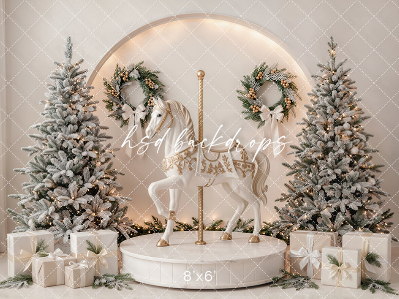 Ivory Carousel Christmas Photography Backdrop – Elegant Winter Holiday Scene | HSD Backdrops