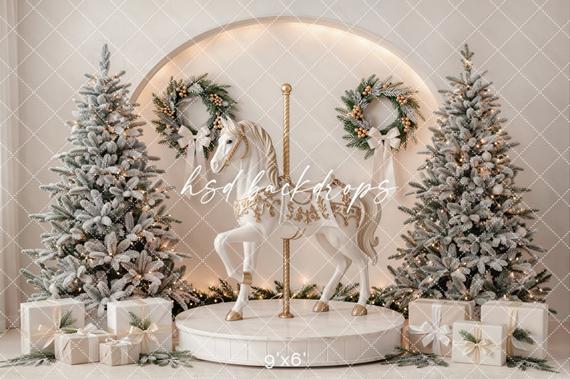 Ivory Carousel Christmas Photography Backdrop – Elegant Winter Holiday Scene | HSD Backdrops