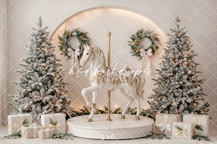 Ivory Carousel Christmas Photography Backdrop – Elegant Winter Holiday Scene | HSD Backdrops