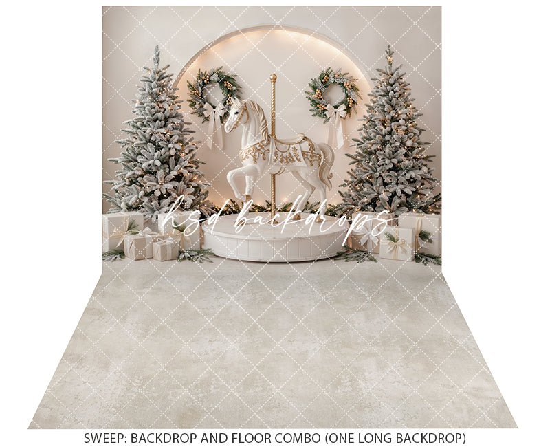 Ivory Carousel Christmas Photography Backdrop – Elegant Winter Holiday Scene | HSD Backdrops