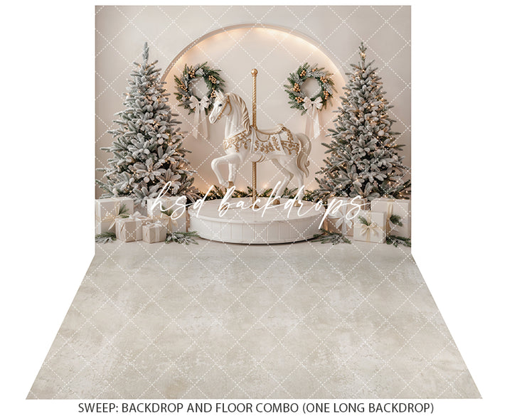 Ivory Carousel Christmas Photography Backdrop – Elegant Winter Holiday Scene | HSD Backdrops