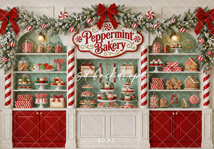 Peppermint Bakery Christmas Photography Backdrop – Sweet Holiday Studio Scene | HSD Backdrops