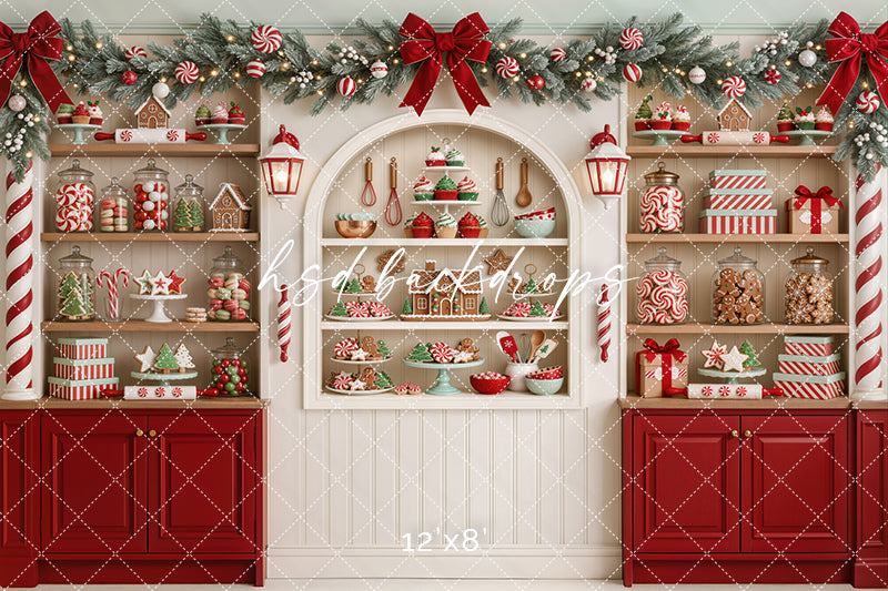 Candy Cane Christmas Bakery Photography Backdrop – Festive Holiday Treat Scene | HSD Backdrops