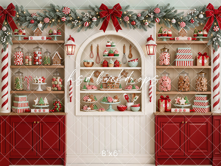 Candy Cane Christmas Bakery Photography Backdrop – Festive Holiday Treat Scene | HSD Backdrops