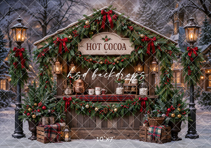 Christmas Hot Cocoa Stand Photography Backdrop – Snowy Holiday Market Scene | HSD Backdrops