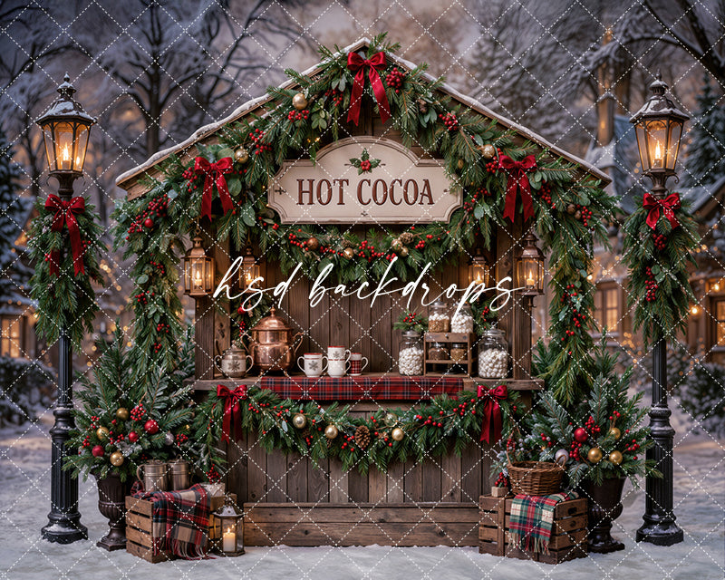 Christmas Hot Cocoa Stand Photography Backdrop – Snowy Holiday Market Scene | HSD Backdrops