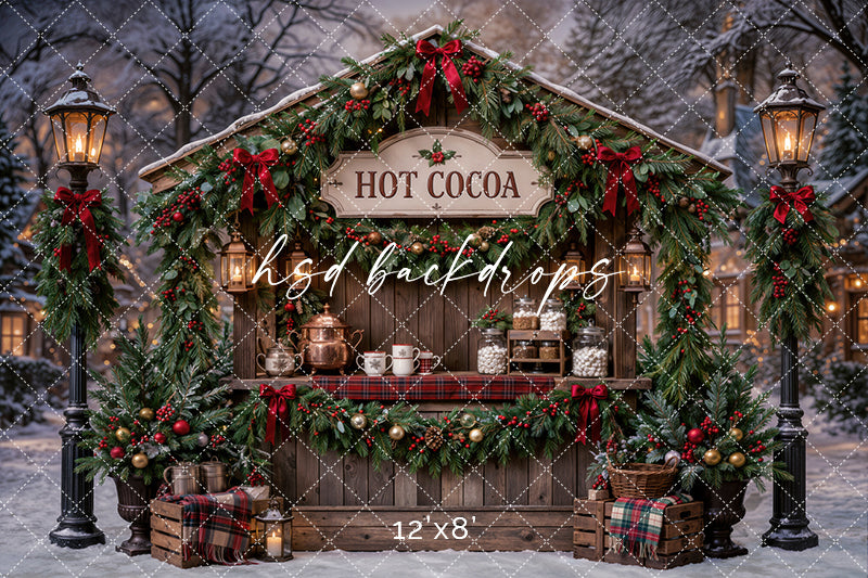 Christmas Hot Cocoa Stand Photography Backdrop – Snowy Holiday Market Scene | HSD Backdrops