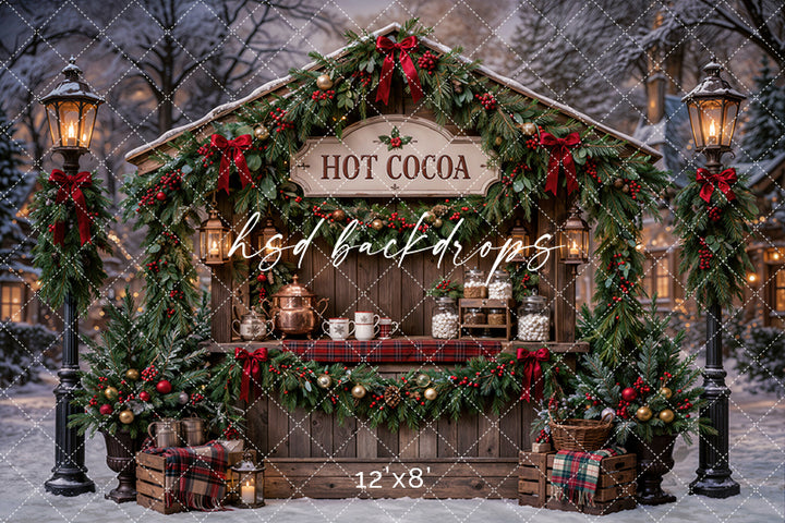 Christmas Hot Cocoa Stand Photography Backdrop – Snowy Holiday Market Scene | HSD Backdrops