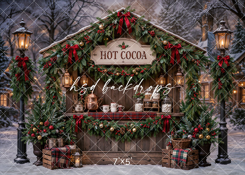 Christmas Hot Cocoa Stand Photography Backdrop – Snowy Holiday Market Scene | HSD Backdrops