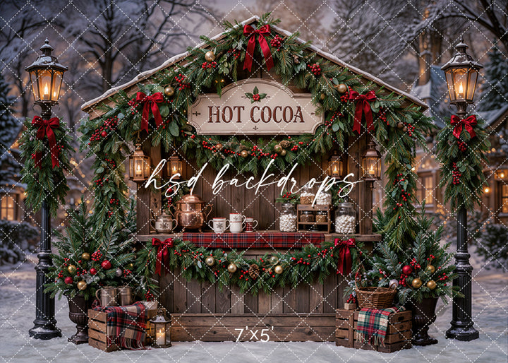 Christmas Hot Cocoa Stand Photography Backdrop – Snowy Holiday Market Scene | HSD Backdrops
