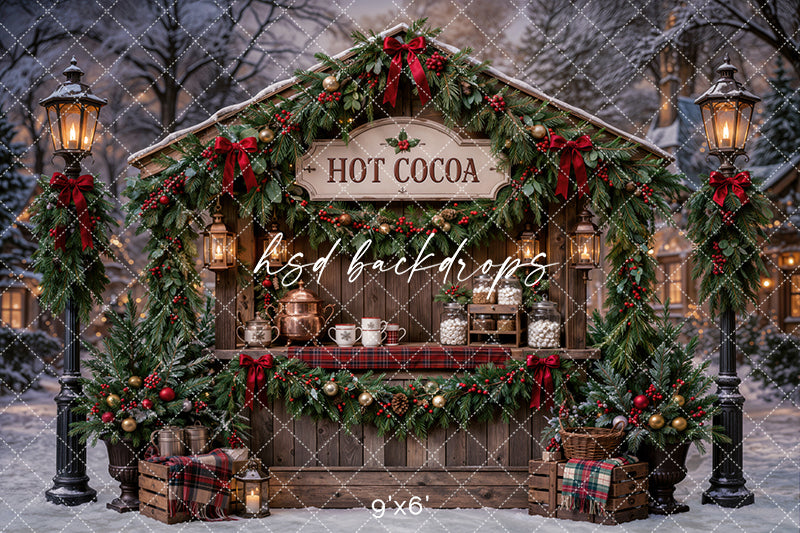 Christmas Hot Cocoa Stand Photography Backdrop – Snowy Holiday Market Scene | HSD Backdrops