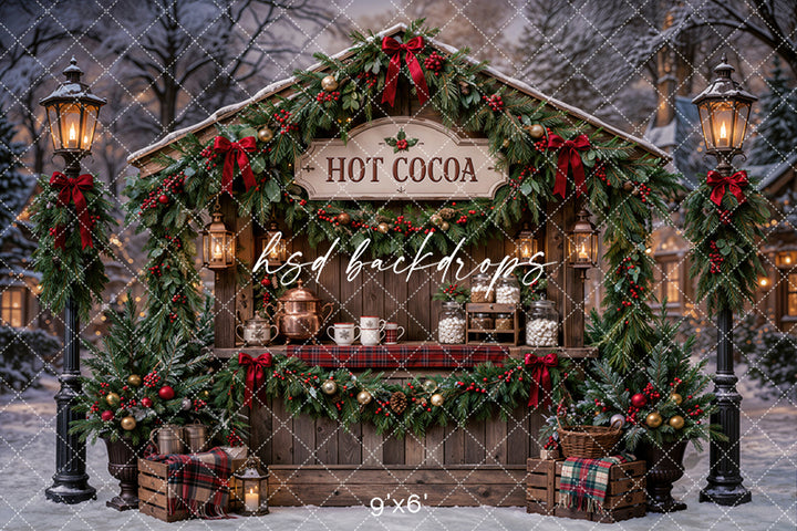 Christmas Hot Cocoa Stand Photography Backdrop – Snowy Holiday Market Scene | HSD Backdrops