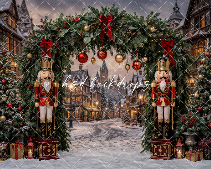 Nutcracker Village Arch Christmas photography backdrop with evergreen arch, traditional nutcracker soldiers, hanging ornaments, red bows, snowy village street, lanterns, wrapped gifts, and festive holiday trees.