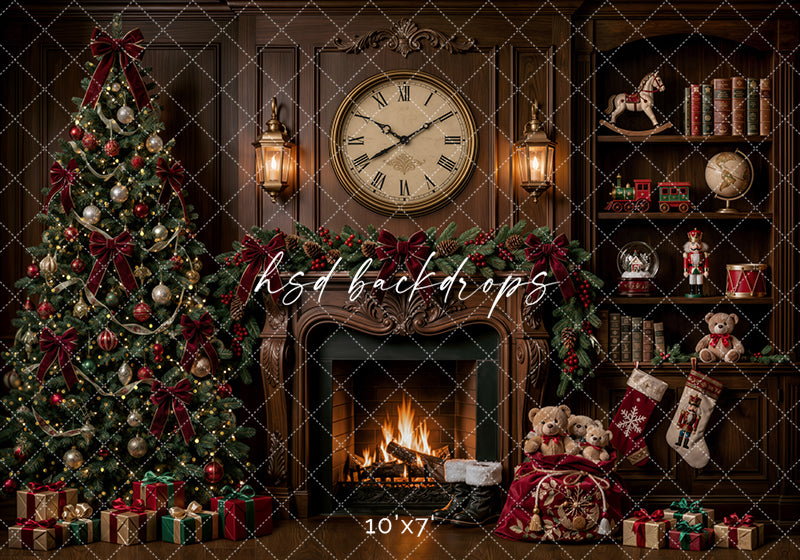 Christmas Clock Fireplace Photography Backdrop – Classic Holiday Library Scene | HSD Backdrops