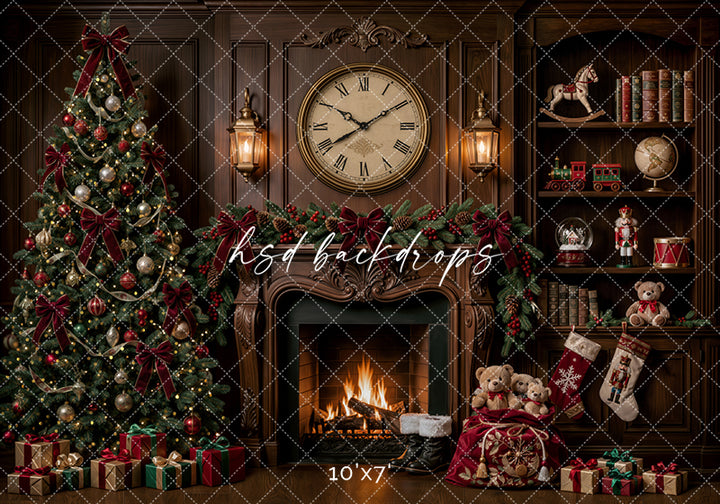 Christmas Clock Fireplace Photography Backdrop – Classic Holiday Library Scene | HSD Backdrops