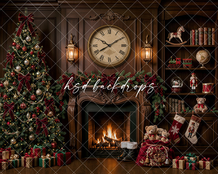 Christmas Clock Fireplace Photography Backdrop – Classic Holiday Library Scene | HSD Backdrops