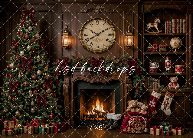 Christmas Clock Fireplace photography backdrop with glowing fireplace, oversized vintage clock, decorated Christmas tree, wood-paneled library shelves, teddy bears, stockings, wrapped gifts, and classic holiday décor.