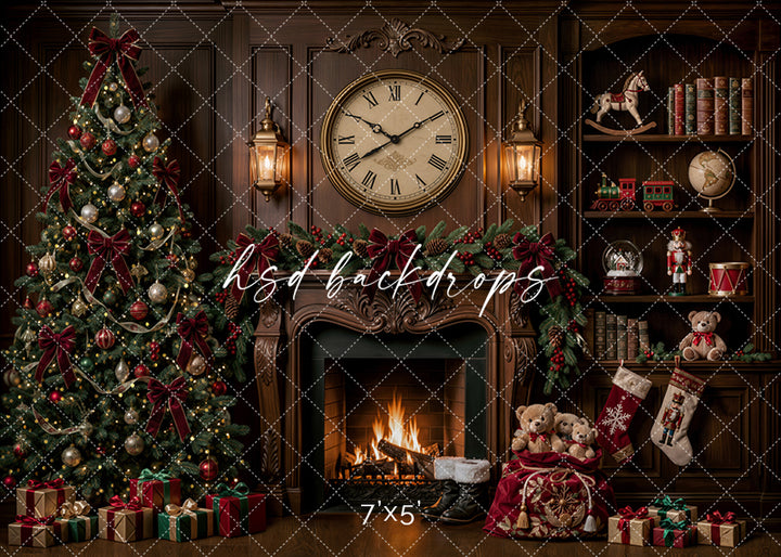 Christmas Clock Fireplace photography backdrop with glowing fireplace, oversized vintage clock, decorated Christmas tree, wood-paneled library shelves, teddy bears, stockings, wrapped gifts, and classic holiday décor.