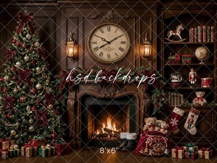 Christmas Clock Fireplace Photography Backdrop – Classic Holiday Library Scene | HSD Backdrops