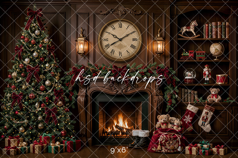 Christmas Clock Fireplace Photography Backdrop – Classic Holiday Library Scene | HSD Backdrops