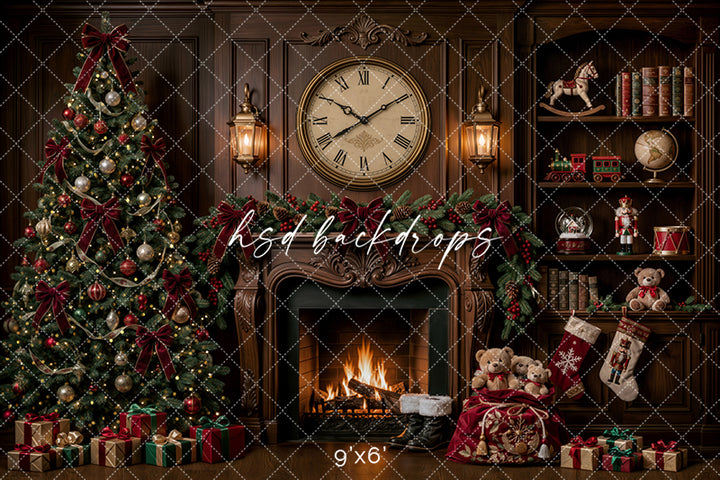 Christmas Clock Fireplace Photography Backdrop – Classic Holiday Library Scene | HSD Backdrops