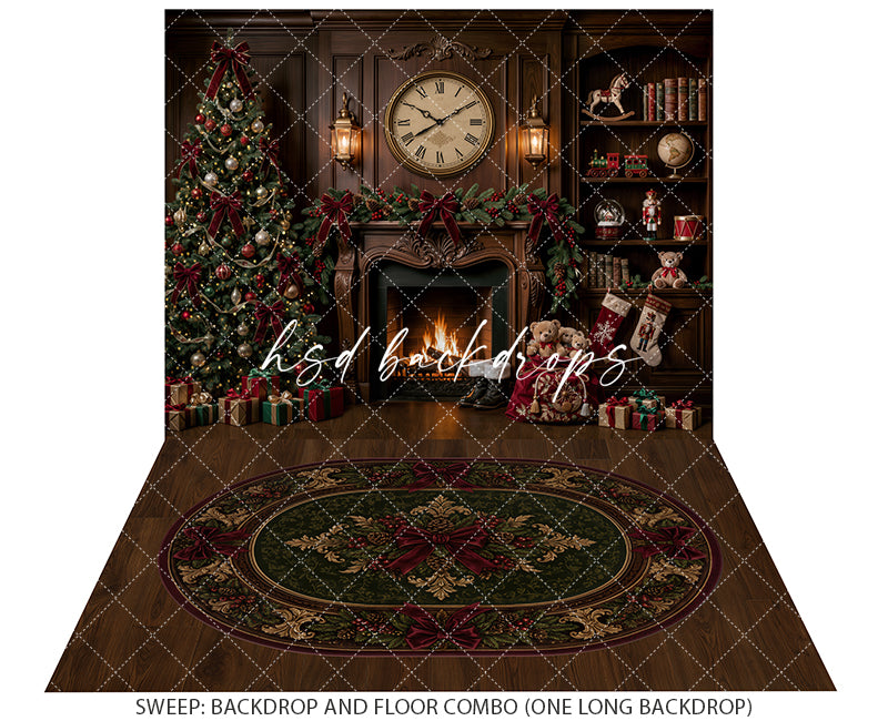 Christmas Clock Fireplace Photography Backdrop – Classic Holiday Library Scene | HSD Backdrops