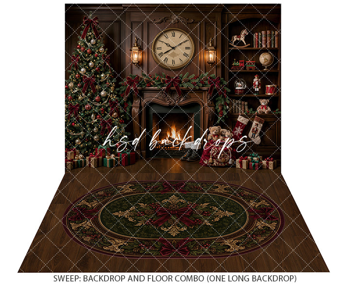 Christmas Clock Fireplace Photography Backdrop – Classic Holiday Library Scene | HSD Backdrops